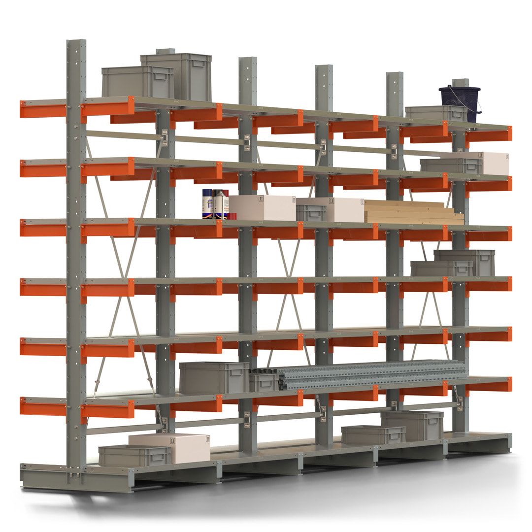 Doppelseitiges Kragarmregal mit Fachböden, 2 Felder, 3.000 x 2.000 (HxB), Nutztiefe 1.000 mm, Kragarmlast 450 kg, KARL basic, silbergrau/reinorange