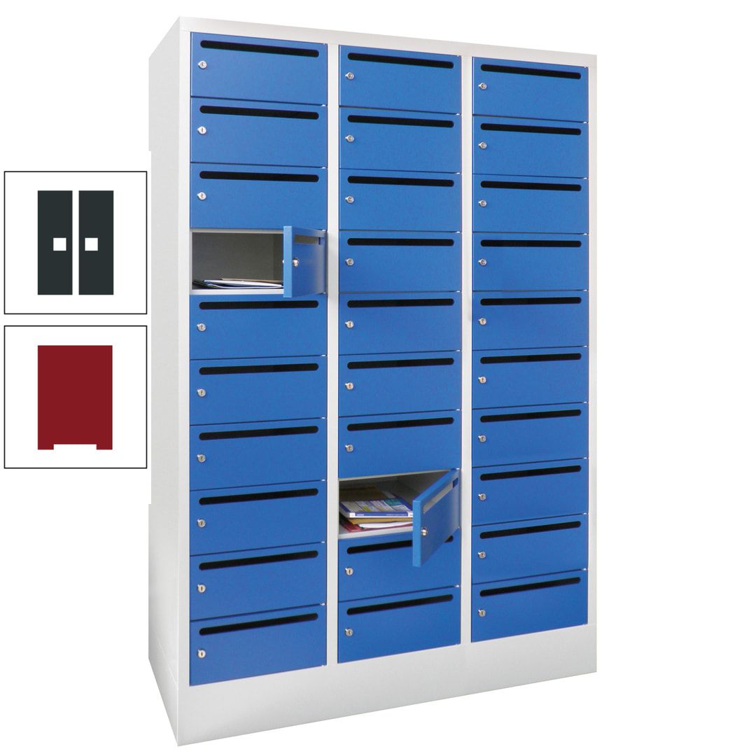 Postverteilerschrank, Schließfachschrank, 3 Abteile a 300 mm, 30 Fächer, 1.850 x 900 x 500 mm (HxBxT), Korpus anthrazitgrau, Front anthrazitgrau