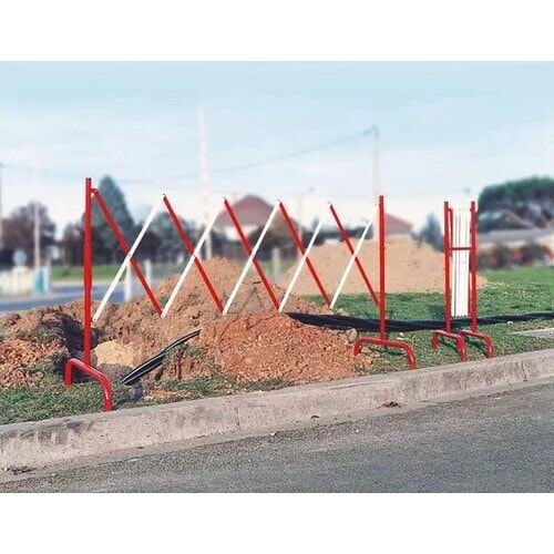 Scherensperre, Baustellenabsicherung, Stahl, mobil, ausziehbar, minimaler Platzbedarf, 4er-Pack, 1.000 x 3.000 mm (HxB), rot-weiß