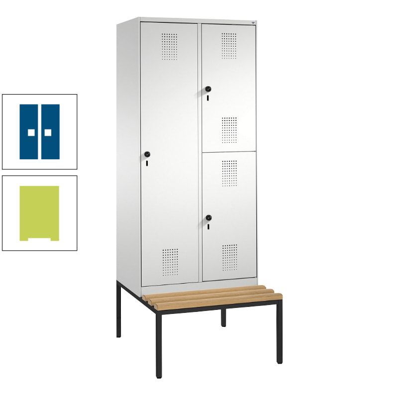 Garderobenschrank, Spind ein- und doppelstöckig Sitzbank, 2 Abteile, 3 Fächer, 2.090 x 800 x 500 mm (HxBxT), Front anthrazitgrau, Korpus anthrazitgrau