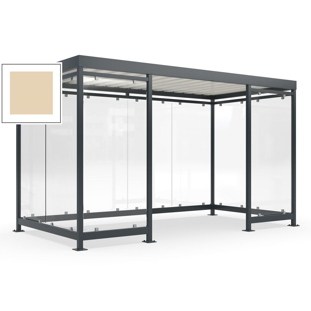 Fahrgastunterstand, Raucherunterstand, fertig montiert, Aufdübeln, 12-13 Personen, 2.510 x 4.195 x 2.165 mm (HxBxT), 10 Wände, Achatgrau