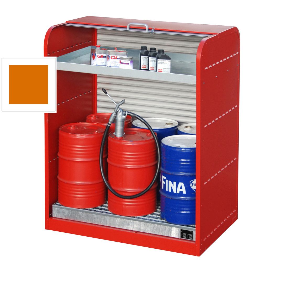 Gefahrstoffschrank mit Rollladen - für 6 x 60-l-Fass - 1 Kleingebindewanne - feuerrot