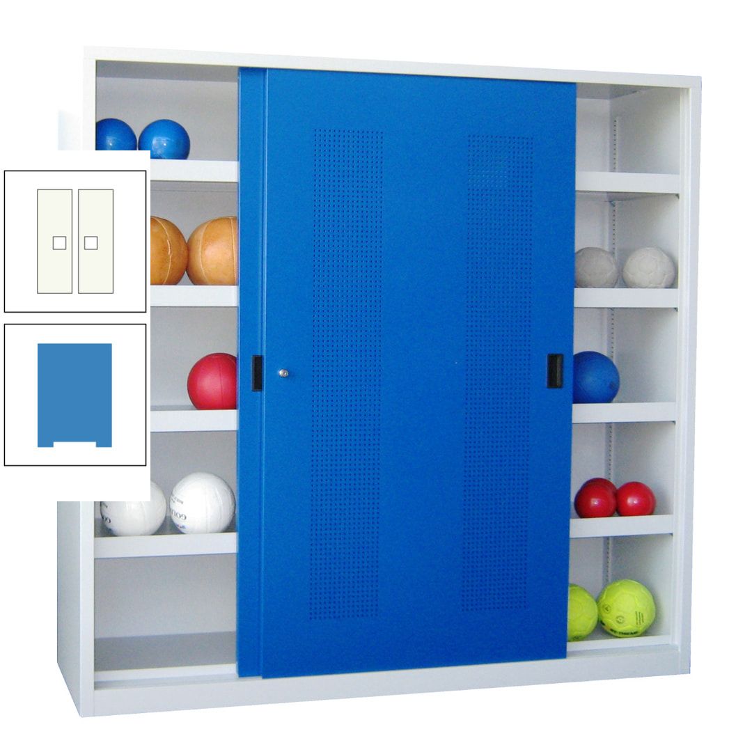 Ballschrank - Schiebetüren mit Lochfeld - Trennwand - 8 Böden - 1.950x2.000x600 mm (HxBxT) - anthrazitgrau