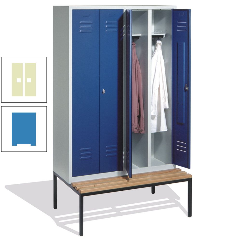 Doppel-Spindschrank, Buche Sitzbank untergebaut, 4 Abteile a 300 mm, Korpus lichtgrau, Tür anthrazitgrau, 2.090 x 1.190 x 815 mm (HxBxT)
