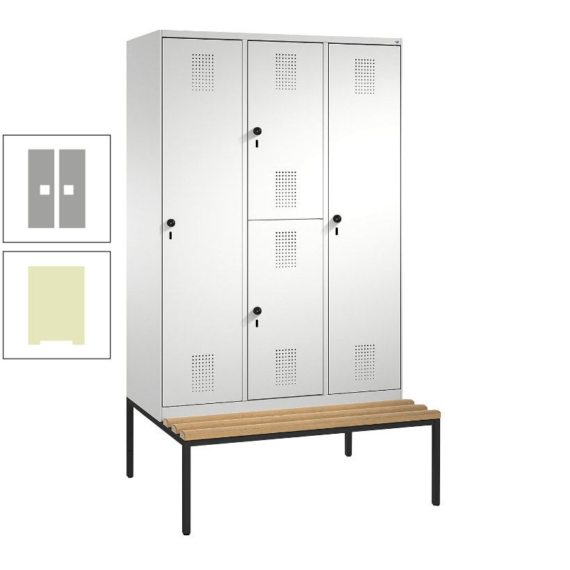 Garderobenschrank, Spind ein- und doppelstöckig Sitzbank, 3 Abteile, 4 Fächer, 2.090x1.200x500 mm (HxBxT), Front anthrazitgrau, Korpus anthrazitgrau