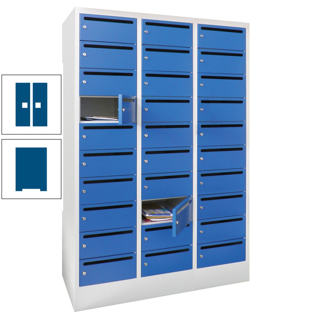 Postverteilerschrank, Schließfachschrank, 3 Abteile a 300 mm, 30 Fächer, 1.850 x 900 x 500 mm (HxBxT), Korpus anthrazitgrau, Front anthrazitgrau