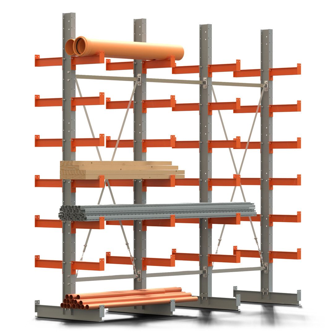 Doppelseitiges Kragarmregal, 2 Felder, 3.000 x 2.000 x 1.120 mm (HxBxT), Nutztiefe 500 mm, Kragarmlast 870 kg, KARL basic, silbergrau/reinorange