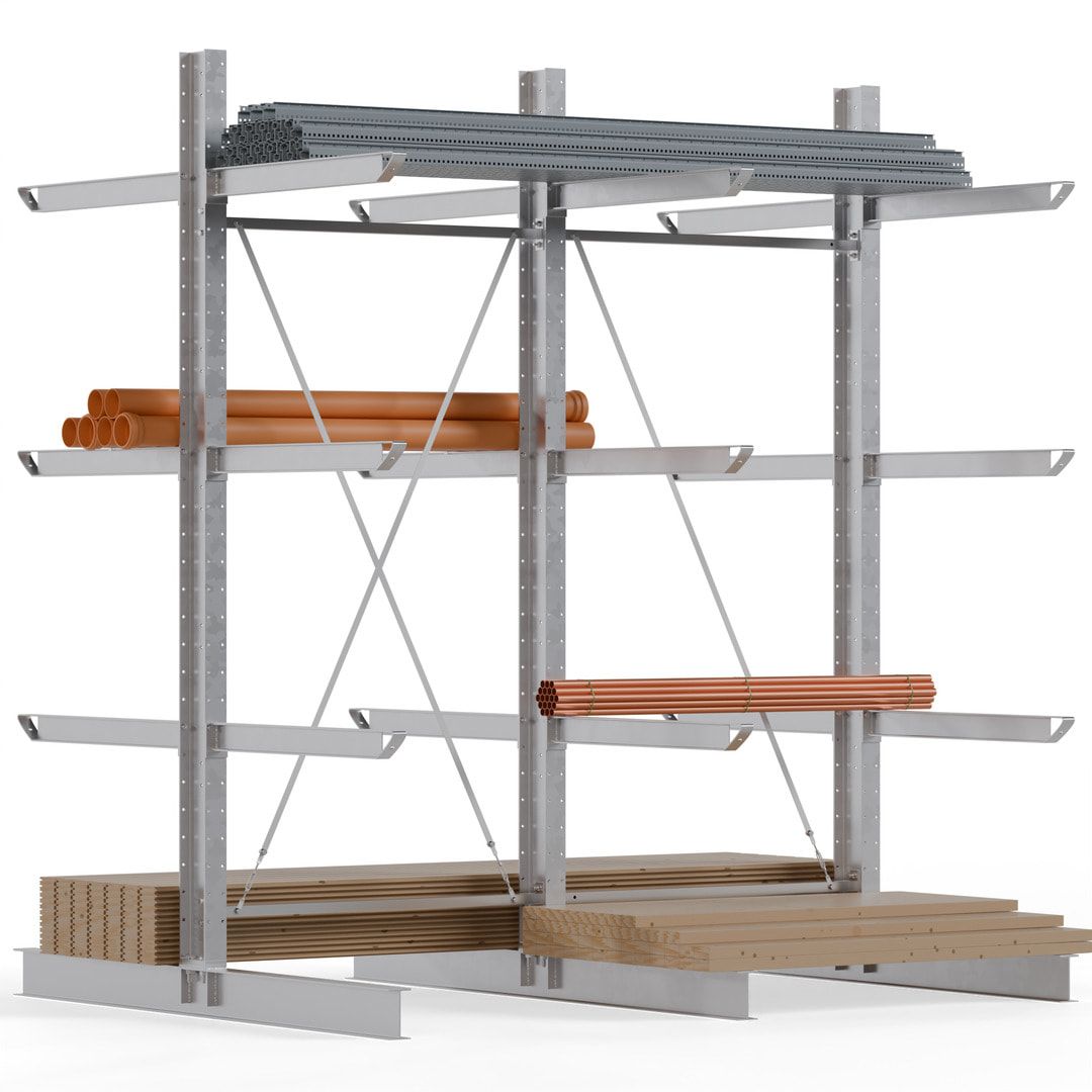 Doppelseitiges Kragarmregal feuerverzinkt, Schwerlastregal für außen - 2 Felder - 3.500 x 3.000 x 2.580 mm (HxBxT) - 800 kg - KARL heavy