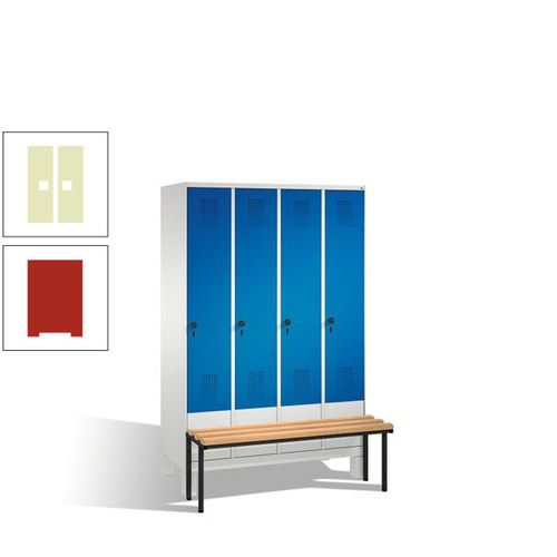 Stahl-Garderobenschrank, Spind, Buche Sitzbank vorgebaut, 4 Abteile a 300 mm, Korpus Lichtgrün, Tür Schwefelgelb, 1.850 x 1.200 x 815 mm (HxBxT)