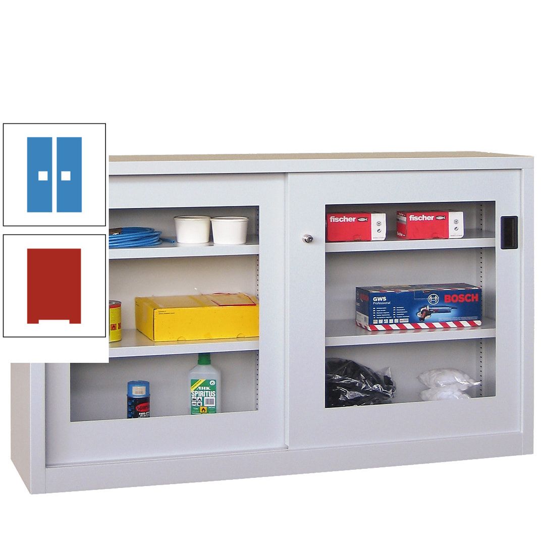 Schiebetürenschrank - Sichtfenstertüren - 1.000x1.500x600 mm (HxBxT) - 4 Böden, verzinkt - Zylinderschloss - anthrazitgrau