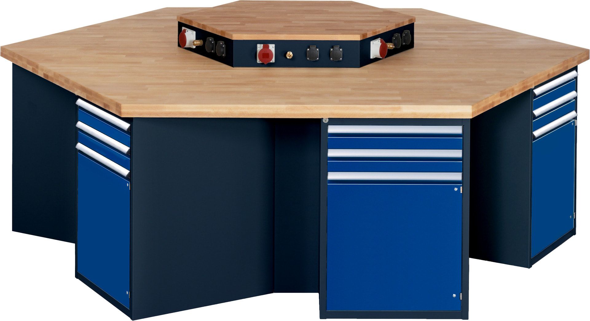 Gruppenwerkbank, Buche, Höhe 840 mm, mit Energieaufsatz, Unterbau-Container, 2 Schubladen, 1 Tür, 1 Boden - Anthrazitgrau