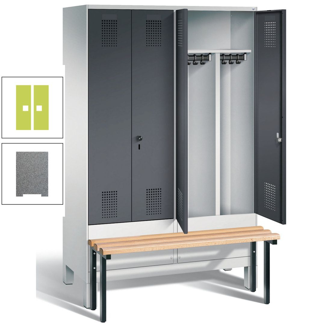 Doppel-Spind, Garderobenschrank, Buche Sitzbank vorgebaut, 4 Abteile a 300 mm, Korpus feuerrot, Tür Wasserblau, 1.850 x 1.200 x 815 mm (HxBxT)