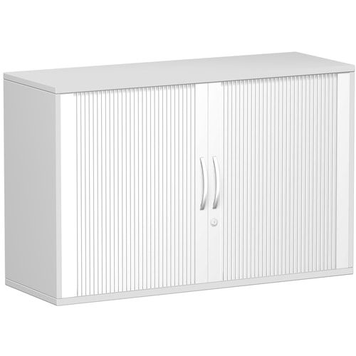 Anstell-Querrollladenschrank, 2 Ordnerhöhen, Schloss, Bogengriff,1 Fachboden, 720 x 1.200 x 425 mm(HxBxT), Rollladen silber, Korpusfarbe Nussbaum