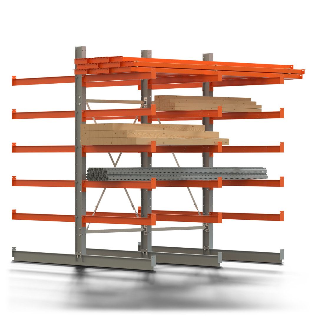 Doppelseitiges Kragarmregal, 2 Felder, 2.500 x 2.000 x 1.120 mm (HxBxT), Nutztiefe 500 mm, Kragarmlast 870 kg, KARL basic, silbergrau/reinorange