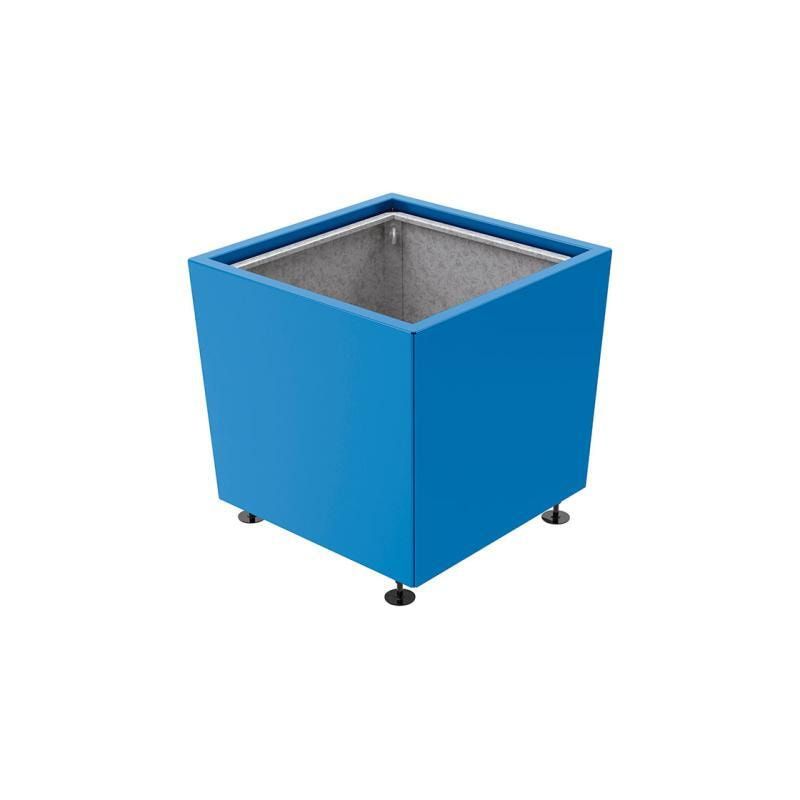 Pflanzkübel, 2 mm Stahlblech fvz, innen Blech feuerverzinkt mit Verladungsgriffen, verstellbare Füße, 760 x 785 x 785 mm (HxBxT), enzianblau