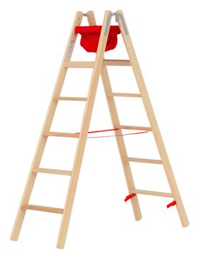 Holz-Stufenstehleiter, beidseitig begehbar, Textiltasche, Eimerhaken, Perlongurte, Länge wählbar, 2 x 4-12 Stufen, 8-26 kg, Stufentiefe 80 mm, Hymer