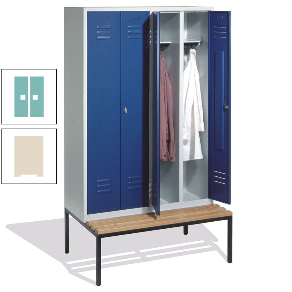 Doppel-Spindschrank, Buche Sitzbank untergebaut, 4 Abteile a 300 mm, Korpus lichtgrau, Tür anthrazitgrau, 2.090 x 1.190 x 815 mm (HxBxT)