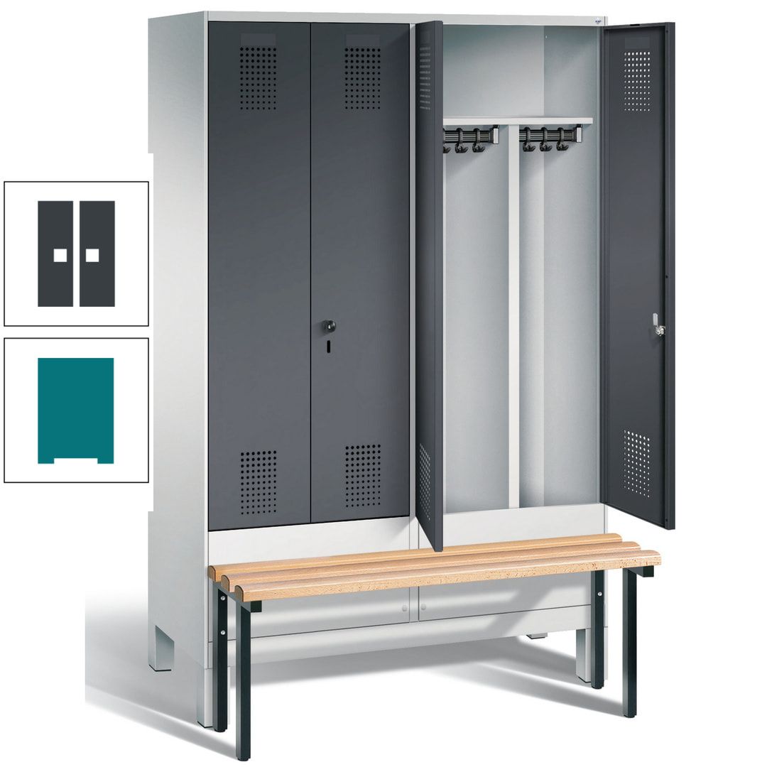 Doppel-Spind, Garderobenschrank, Buche Sitzbank vorgebaut, 4 Abteile a 300 mm, Korpus feuerrot, Tür Wasserblau, 1.850 x 1.200 x 815 mm (HxBxT)