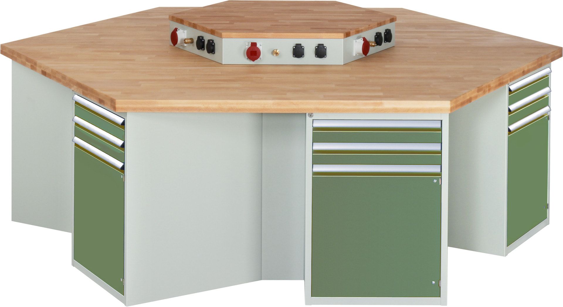 Gruppenwerkbank, Buche, Höhe 840 mm, mit Energieaufsatz, Unterbau-Container, 2 Schubladen, 1 Tür, 1 Boden - Anthrazitgrau