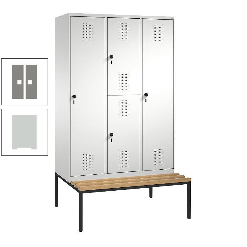 Garderobenschrank, Spind ein- und doppelstöckig Sitzbank, 3 Abteile, 4 Fächer, 2.090x1.200x500 mm (HxBxT), Front anthrazitgrau, Korpus anthrazitgrau