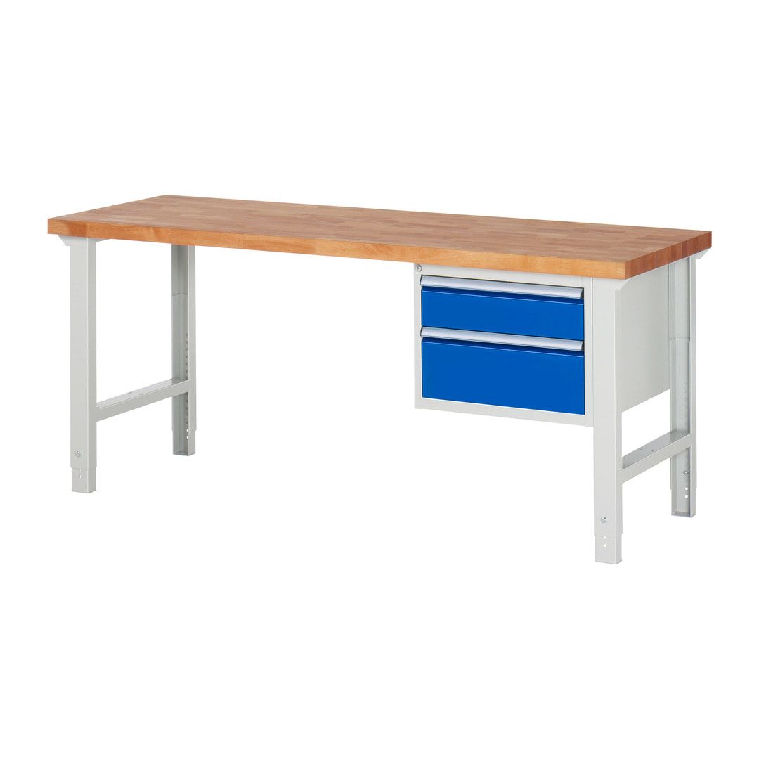 Werkbank - 2 Schubladen - Teilauszug - 150:1 / 210:1 - Höhe 790-1.140 mm - 2.000 x 700 mm (BxT) - 750 kg - Buche - Anthrazitgrau