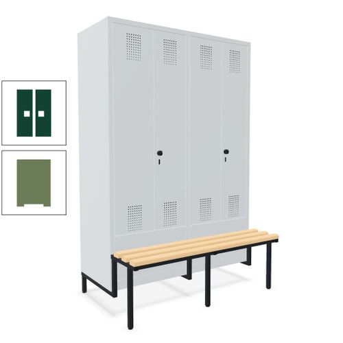 Doppel-Spind, Garderobenschrank, Buche Sitzbank integriert, 4 Abteile 300 mm, Korpus anthrazitgrau, Tür anthrazitgrau, 1.850 x 1.200 x 815 mm (HxBxT)
