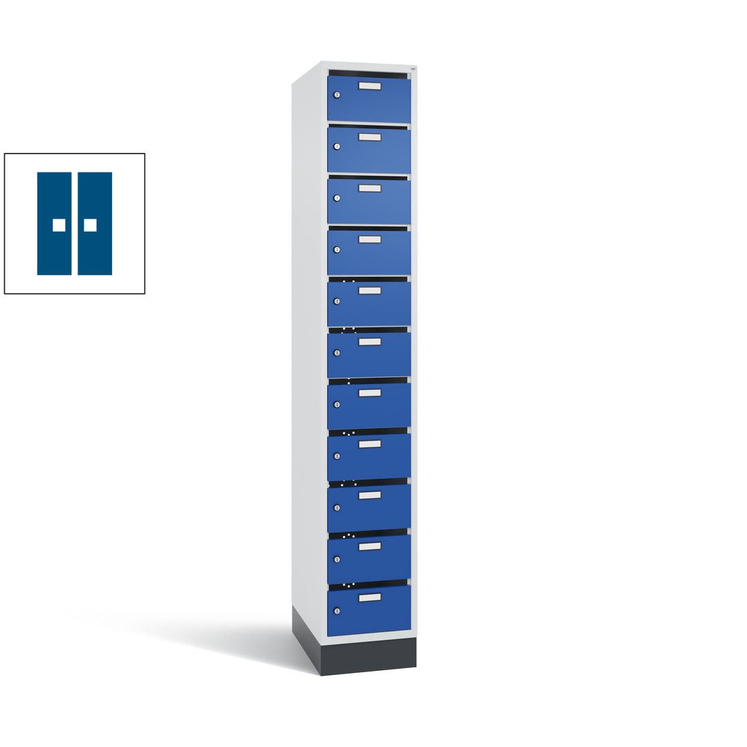 Postverteilerschrank, Schließfachschrank, mit Sockel, 11 Fächer, 1.950 x 320 x 500 mm (HxBxT), Korpus lichtgrau, Tür anthrazitgrau