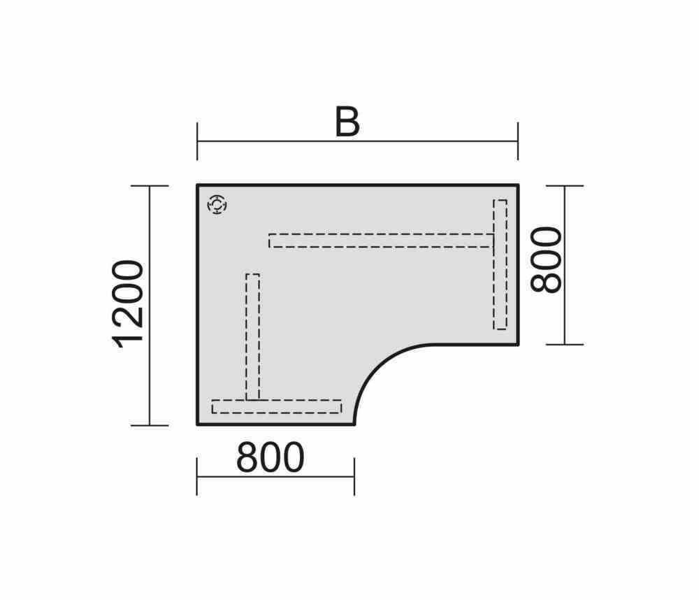 Eckschreibtisch, Eckteil 800 mm, Ecke links, Füße einseitig verkürzt, C-Fuß Pro, 720 x 1.600 x 1.200 mm (HxBxT), Gestell silber, Dekor Ahorn