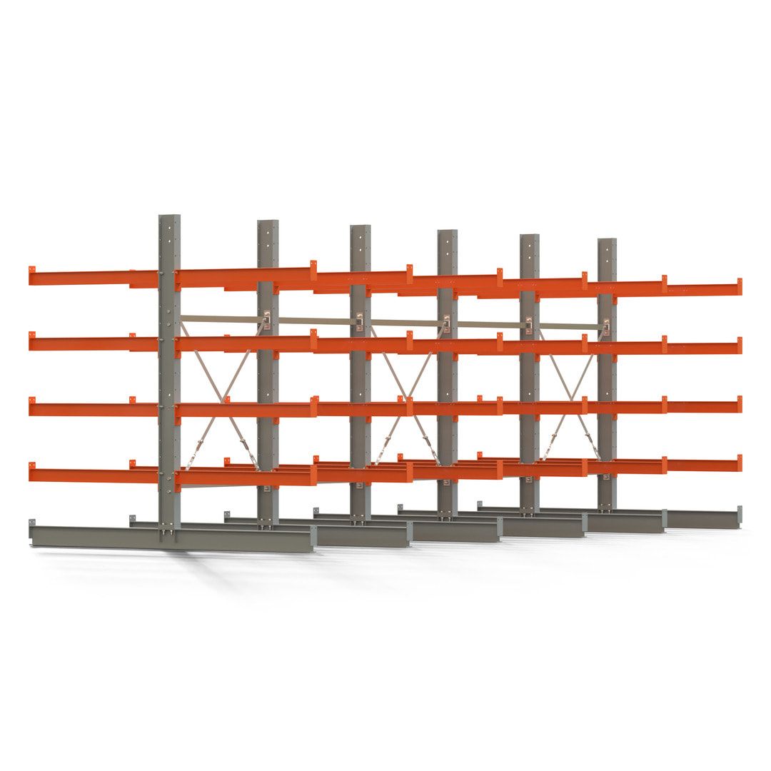 Doppelseitiges Kragarmregal, 2 Felder, 2.000 x 2.000 x 1.120 mm (HxBxT), Nutztiefe 500 mm, Kragarmlast 870 kg, KARL basic, silbergrau/reinorange