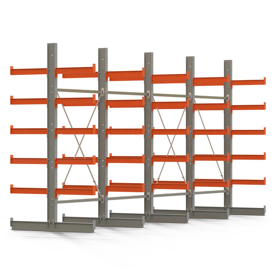Doppelseitiges Kragarmregal, 2 Felder, 2.500 x 2.560 x 1.120 mm (HxBxT), Nutztiefe 500 mm, Kragarmlast 870 kg, KARL basic, silbergrau/reinorange