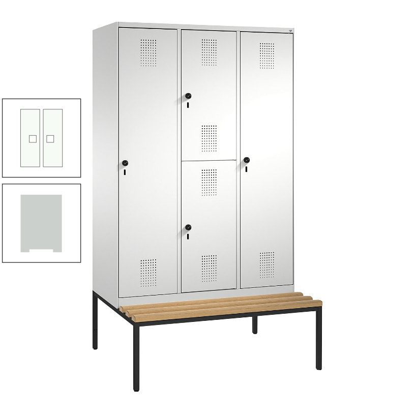 Garderobenschrank, Spind ein- und doppelstöckig Sitzbank, 3 Abteile, 4 Fächer, 2.090x1.200x500 mm (HxBxT), Front anthrazitgrau, Korpus anthrazitgrau