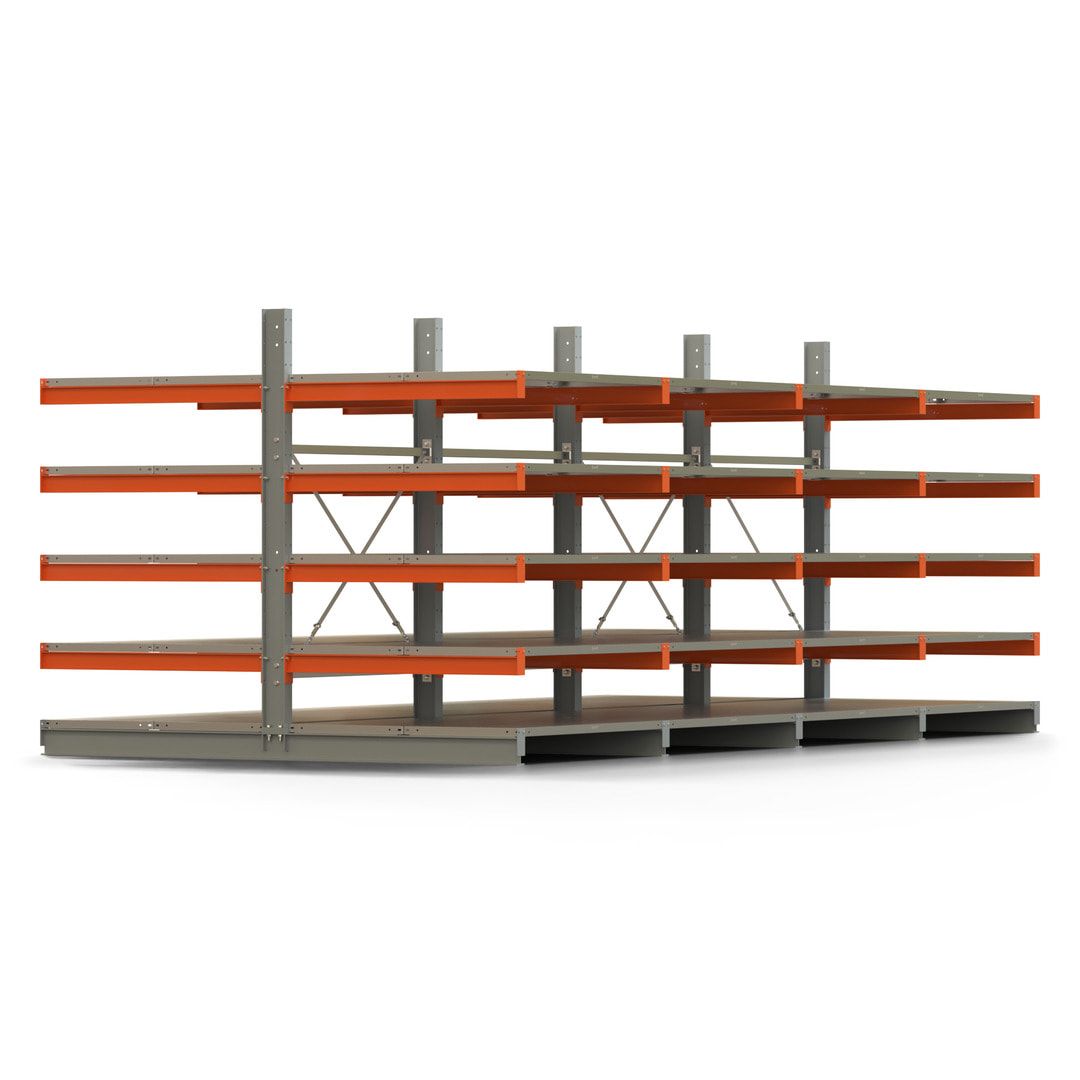 Doppelseitiges Kragarmregal mit Fachböden, 2 Felder, 2.000 x 2.560 (HxB), Nutztiefe 1.000 mm, Kragarmlast 450 kg, KARL basic, silbergrau/reinorange