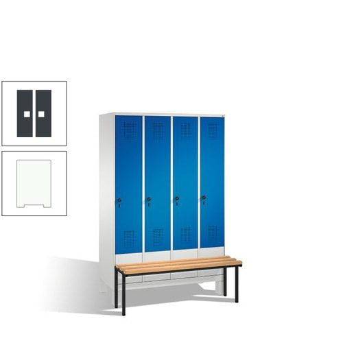 Stahl-Garderobenschrank, Spind, Buche Sitzbank vorgebaut, 4 Abteile a 300 mm, Korpus Lichtgrün, Tür Schwefelgelb, 1.850 x 1.200 x 815 mm (HxBxT)