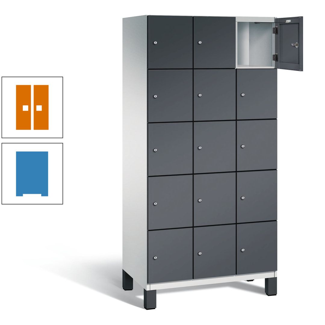 Fächerschrank, Stahlschrank, 15 Fächer, Türöffnungsbegrenzer, Füße, 1.980 x 900 x 525 mm (HxBxT), Korpus anthrazitgrau, Front anthrazitgrau