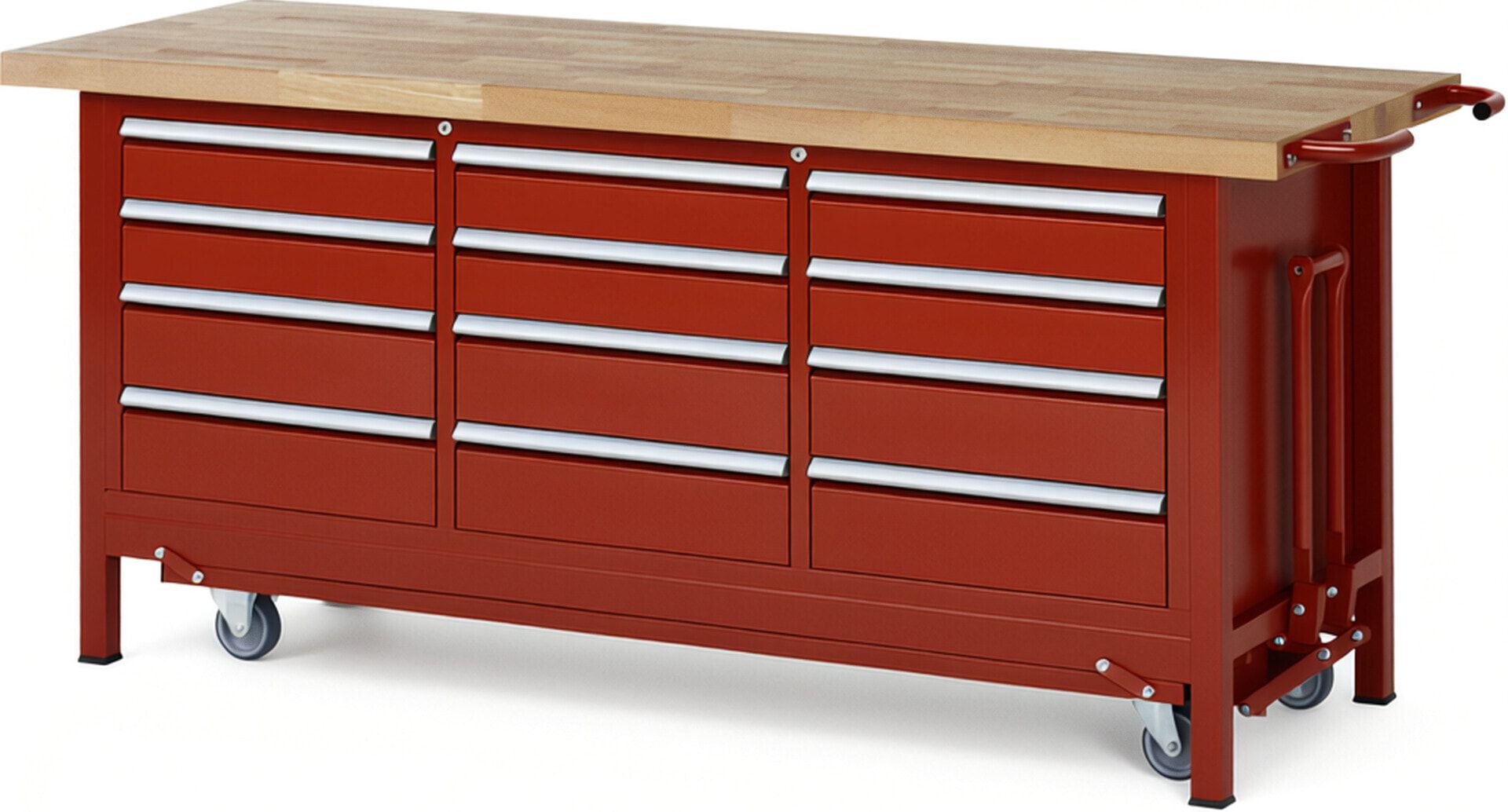 Mobile absenkbare Werkbank, 12 Schubladen - Teilauszug - 120:6/150:6 - 880 x 2.000 x 700 mm (HxBxT) - 1,25 t - Buche - Anthrazitgrau