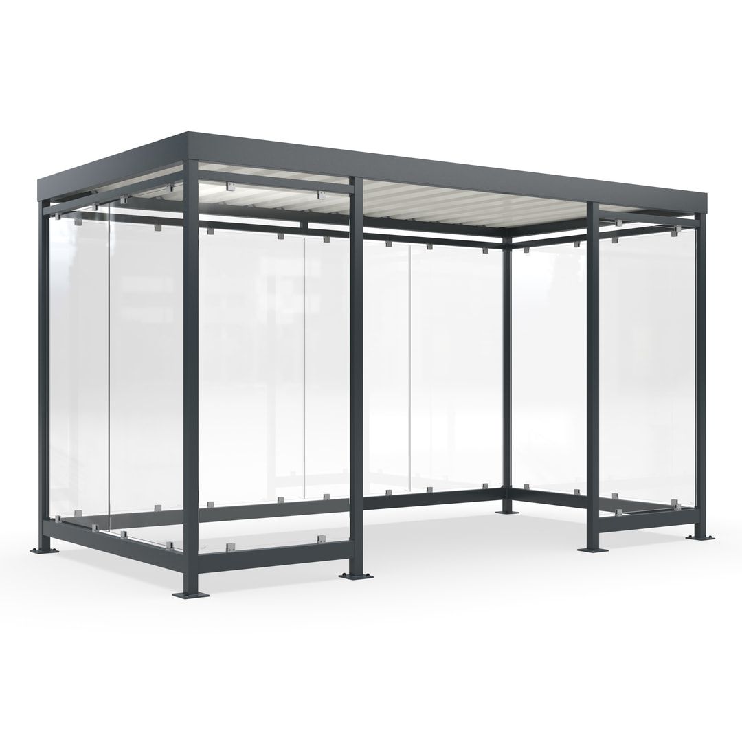 Fahrgastunterstand, Raucherunterstand, fertig montiert, Aufdübeln, 12-13 Personen, 2.510 x 4.195 x 2.165 mm (HxBxT), 10 Wände, Achatgrau