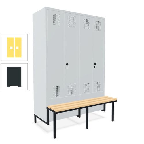 Doppel-Spind, Garderobenschrank, Buche Sitzbank integriert, 4 Abteile 300 mm, Korpus anthrazitgrau, Tür anthrazitgrau, 1.850 x 1.200 x 815 mm (HxBxT)