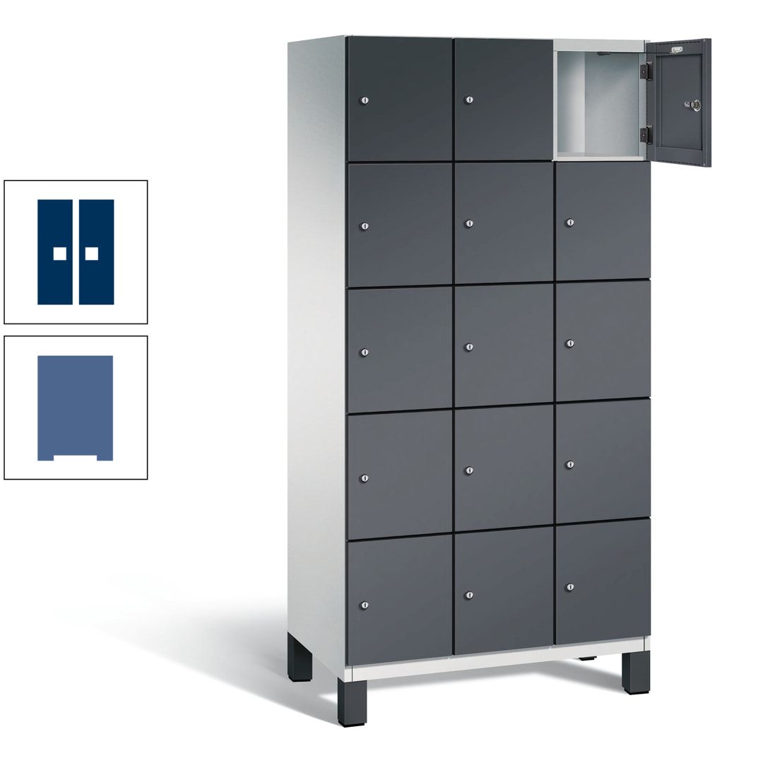 Fächerschrank, Stahlschrank, 15 Fächer, Türöffnungsbegrenzer, Füße, 1.980 x 900 x 525 mm (HxBxT), Korpus anthrazitgrau, Front anthrazitgrau
