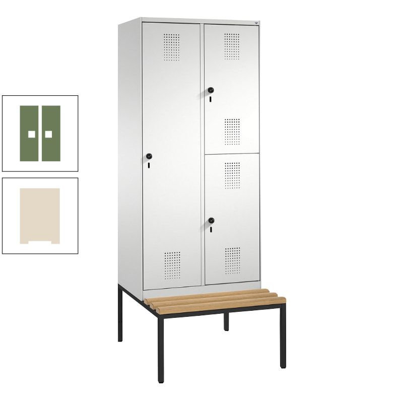 Garderobenschrank, Spind ein- und doppelstöckig Sitzbank, 2 Abteile, 3 Fächer, 2.090 x 800 x 500 mm (HxBxT), Front anthrazitgrau, Korpus anthrazitgrau