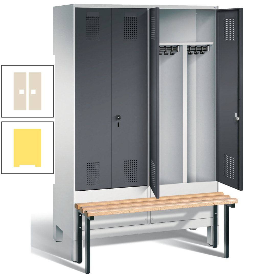 Doppel-Spind, Garderobenschrank, Buche Sitzbank vorgebaut, 4 Abteile a 300 mm, Korpus feuerrot, Tür Wasserblau, 1.850 x 1.200 x 815 mm (HxBxT)
