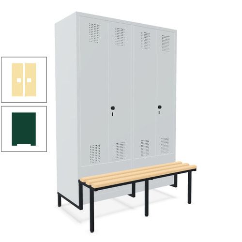 Doppel-Spind, Garderobenschrank, Buche Sitzbank integriert, 4 Abteile 300 mm, Korpus anthrazitgrau, Tür anthrazitgrau, 1.850 x 1.200 x 815 mm (HxBxT)