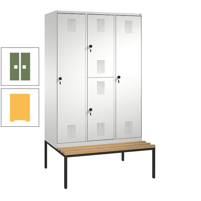 Garderobenschrank, Spind ein- und doppelstöckig Sitzbank, 3 Abteile, 4 Fächer, 2.090x1.200x500 mm (HxBxT), Front anthrazitgrau, Korpus anthrazitgrau