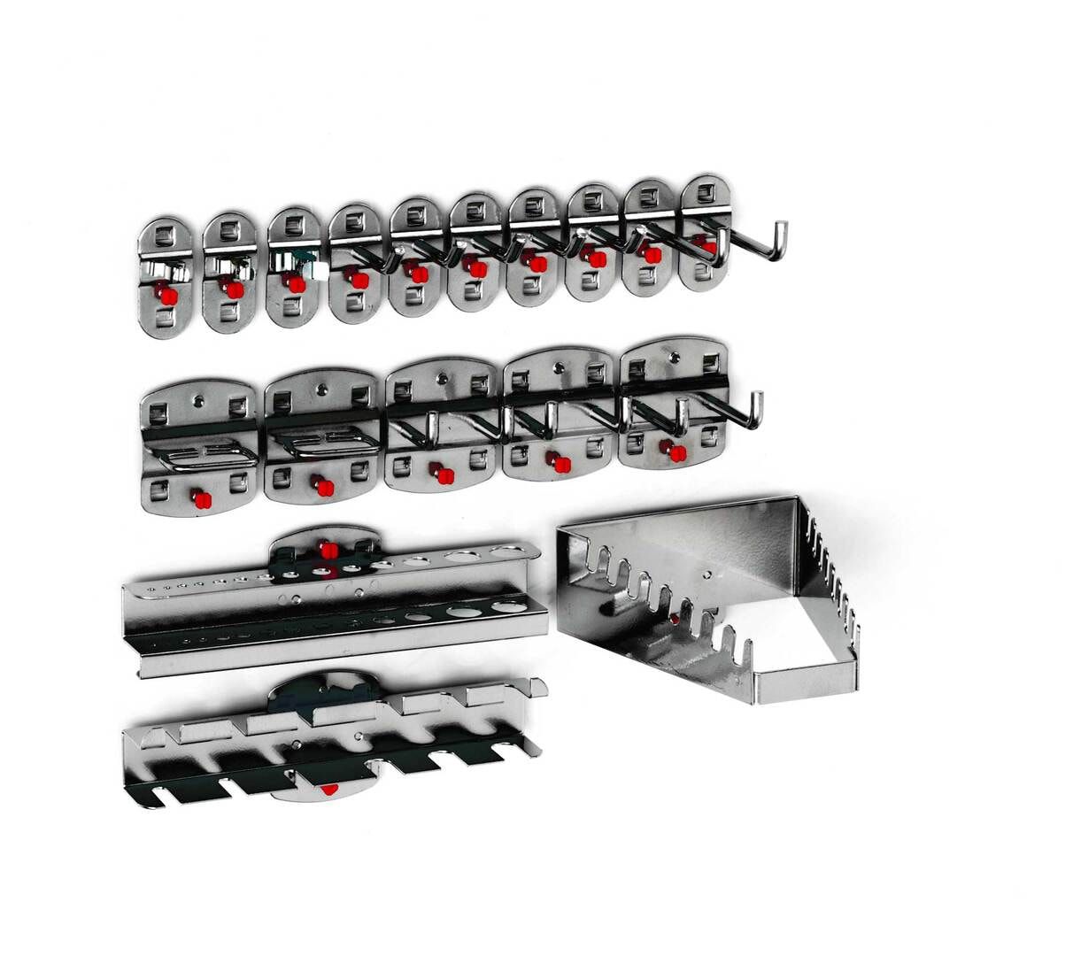 Werkzeughalterset, Hakenset, 18-teilig, für Lochplatten, Schraubsystem, Farbe Aluminium