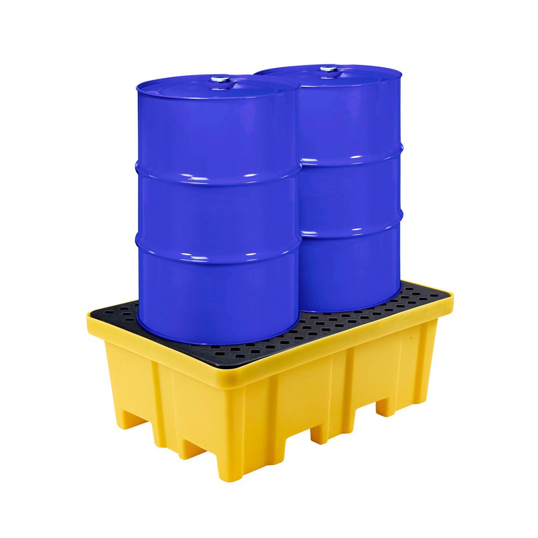 PE Auffangwanne mit PE-Gitterrost - 2 x 200 l Fässer - Volumen 220 l - 460 x 1.220 x 820 mm (HxBxT) - gelb