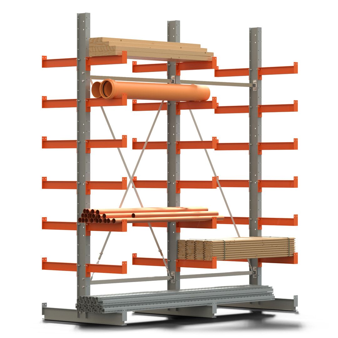 Doppelseitiges Kragarmregal, 2 Felder, 3.000 x 2.560 x 1.120 mm (HxBxT), Nutztiefe 500 mm, Kragarmlast 870 kg, KARL basic, silbergrau/reinorange