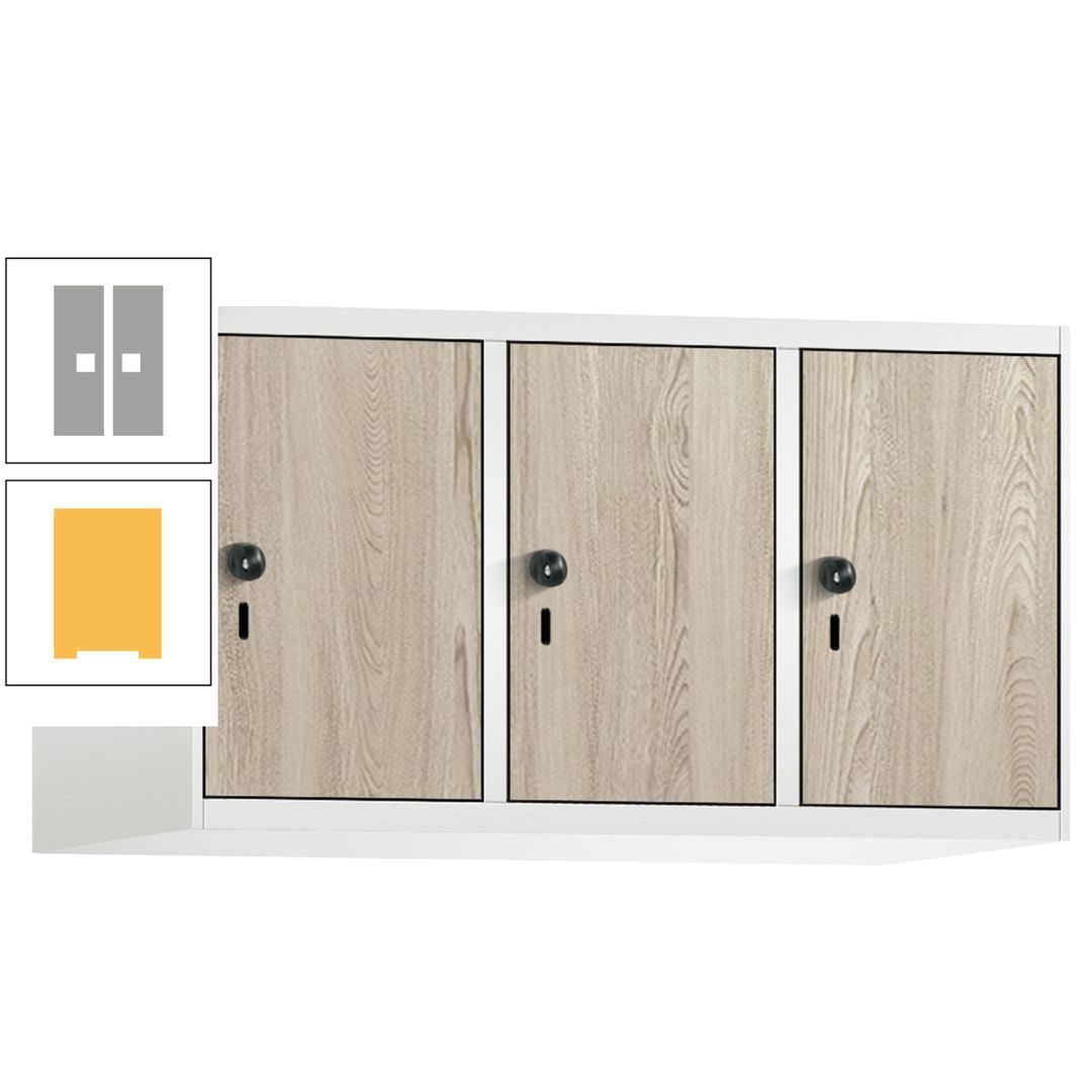 Aufsatzschrank, Schrankaufsatz, 3 Fächer a 300 mm, Farbe Pastellgelb, Tür anthrazitgrau, 500 x 900 x 500 mm (HxBxT)