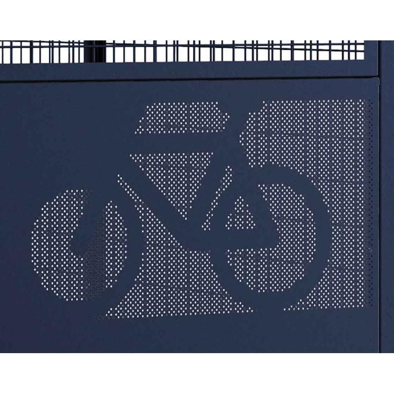 Fahrradüberdachung, Fahrradhaus, Unterstand, Digitalschloss, zentrale Tür, Stahlgitter, 2.640 x 6.250 x 2.830 mm (HxBxT), enzianblau (RAL 5010)