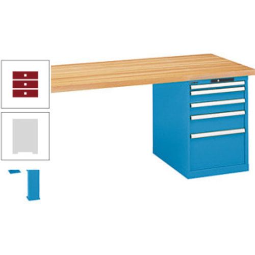 Werkbank, Buche Arbeitsplatte - Code Lock - Tragkraft 1.000 kg - 850 x 2.000 x 800 mm (HxBxT) - 4 Schubladen - Capriblau