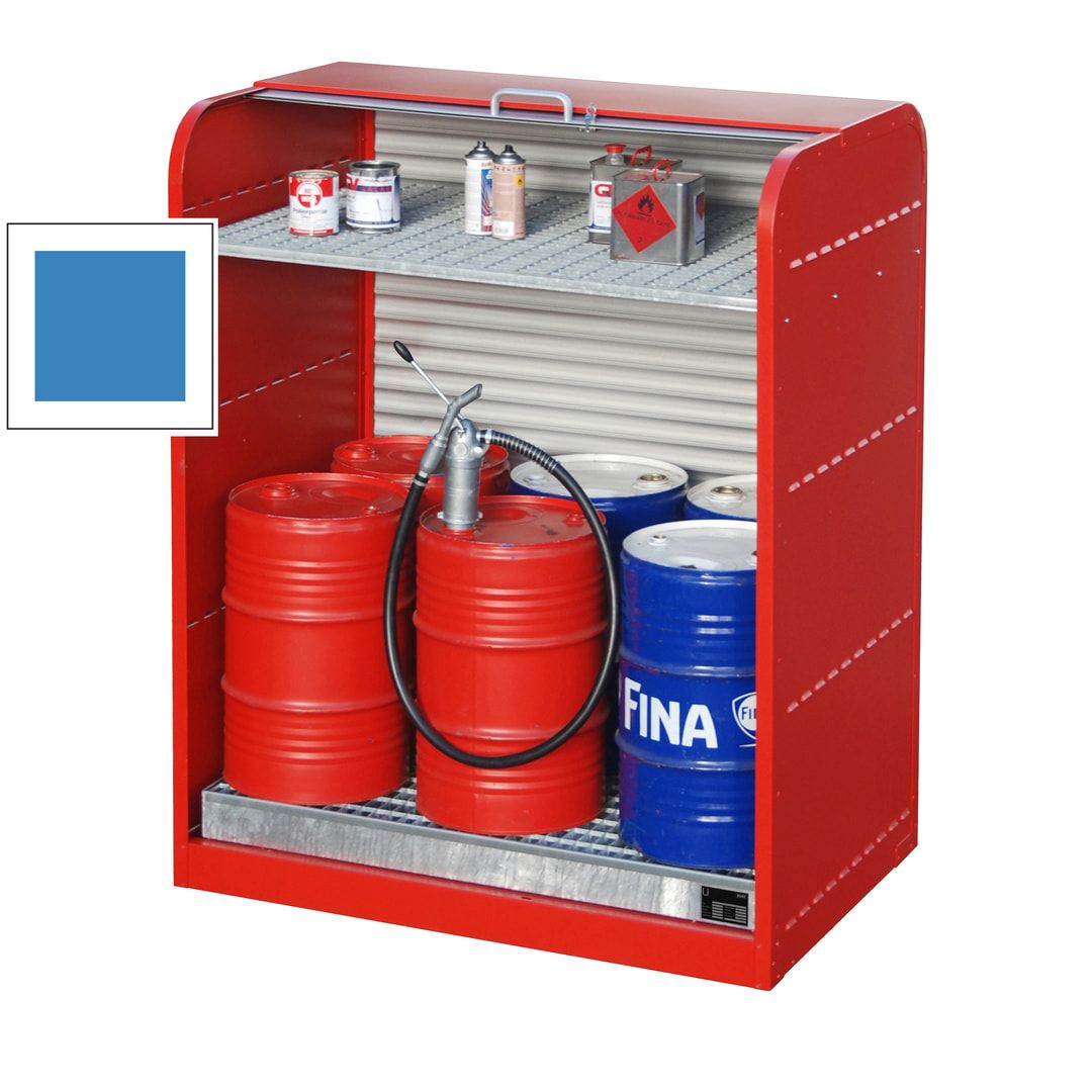 Gefahrstoffschrank mit Rollladen - für 6 x 60-l-Fass - 1 Gitterrostboden - lichtblau
