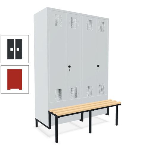 Doppel-Spind, Garderobenschrank, Buche Sitzbank integriert, 4 Abteile 300 mm, Korpus anthrazitgrau, Tür anthrazitgrau, 1.850 x 1.200 x 815 mm (HxBxT)